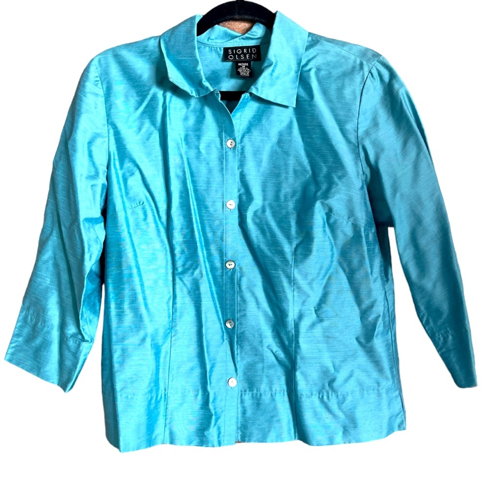 Sigrid Olsen Silk Shantung Button Front 3/4‎ Sleeve Collared Shirt Top